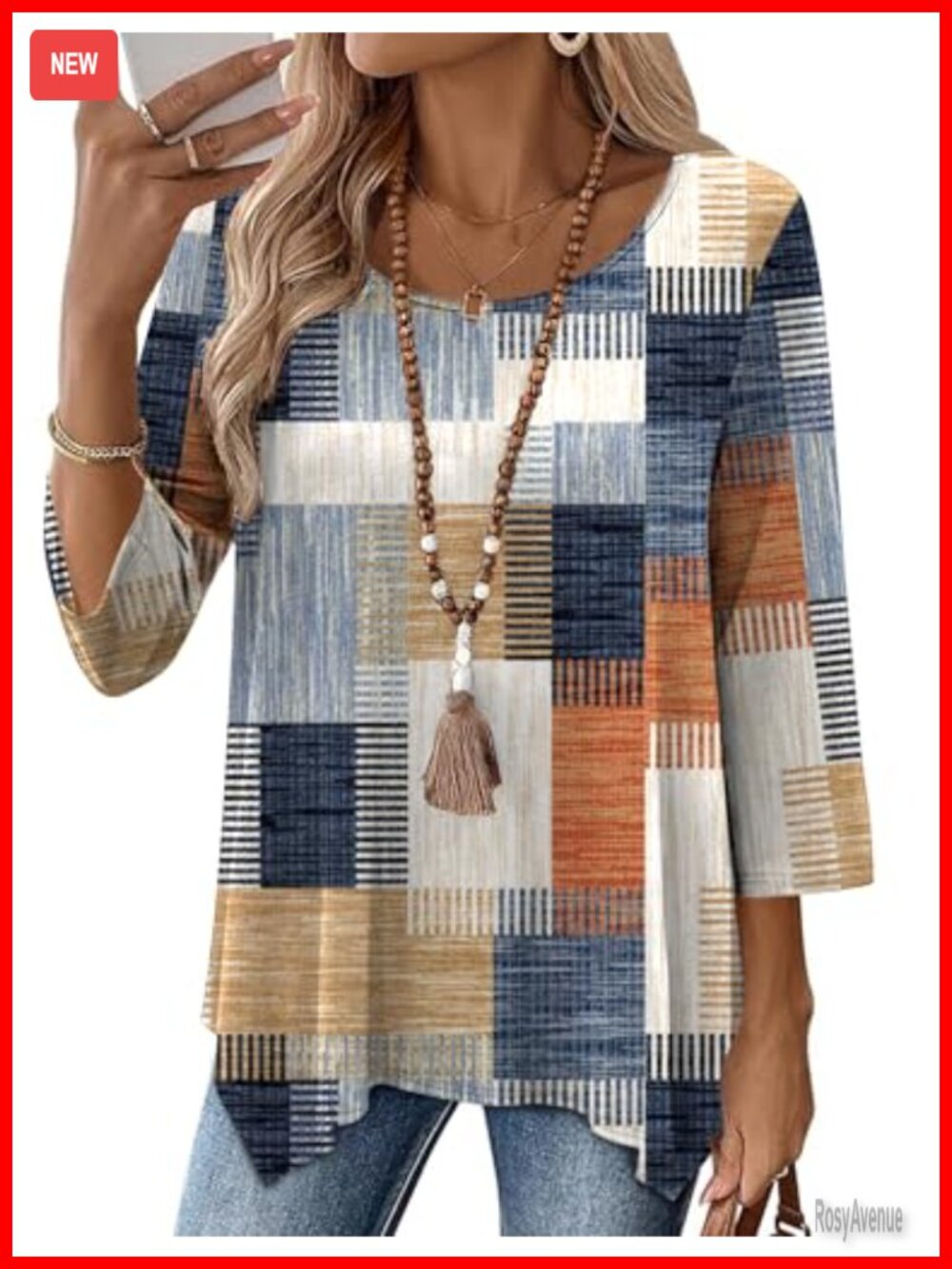3/4 Sleeve Women's Tunic Tops Loose Fit Crew Neck Floral Blouse Casual Tops